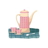 vector illustratie van een retro thee set. een theepot en twee thee paren Aan de blauw tafelkleed.