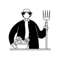 vector illustratie van een boer met een hooivork in zijn hand- en een mand van groenten. beroep. lijn kunst
