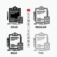 boekhouding. bankieren. rekenmachine. financiën. audit icoon in dun. normaal. stoutmoedig lijn en glyph stijl. vector illustratie