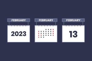 2023 kalender ontwerp februari 13 icoon. 13e februari kalender schema, afspraak, belangrijk datum concept. vector