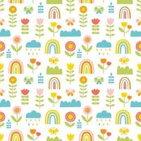 naadloos patroon met vlinders, bloemen, wolken en regenboog. vector illustratie in hand- getrokken tekenfilm stijl. helder palet voor voorjaar of zomer ontwerp van textiel, kinderen s kleding.