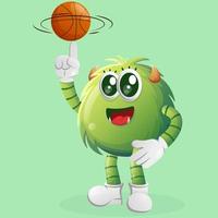 schattig groen monster spelen basketbal, vrije stijl met bal vector