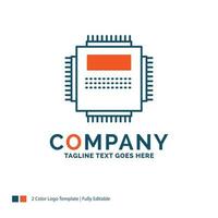 verwerker. hardware. computer. pc. technologie logo ontwerp. blauw en oranje merk naam ontwerp. plaats voor slogan. bedrijf logo sjabloon. vector