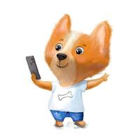 schattig hond corgi nemen selfie. dier karakter puppy in jeans en t-shirt met telefoon in hand. hand- getrokken illustratie geïsoleerd Aan wit vector