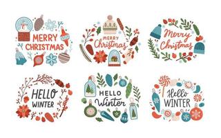 vrolijk Kerstmis met krans Hallo winter belettering geïsoleerd vlak ontwerp vector