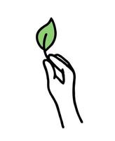 een hand- met een groen blad. co2 concept van klimaat Wijzigen. recyclen. vector geïsoleerd tekening