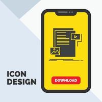 gegevens. document. het dossier. media. website glyph icoon in mobiel voor downloaden bladzijde. geel achtergrond vector