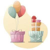 gelukkig verjaardag Cadeau dozen met ballons, geschenk dozen met bogen vector