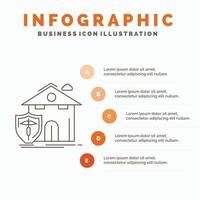 verzekering. huis. huis. slachtoffer. bescherming infographics sjabloon voor website en presentatie. lijn grijs icoon met oranje infographic stijl vector illustratie