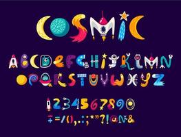 tekenfilm ruimte lettertype, universum type, heelal lettertype vector