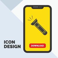 fakkel. licht. flash. camping. wandelen glyph icoon in mobiel voor downloaden bladzijde. geel achtergrond vector