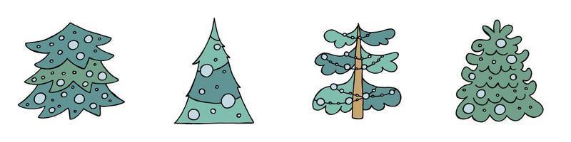 een handgetekende kerstboom. vectorillustratie in doodle stijl. winterse stemming. hallo 2023. prettige kerstdagen en gelukkig nieuwjaar. groene bomen met een blauw speelgoed op een witte achtergrond. vector