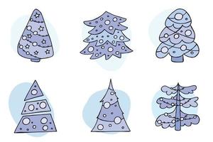 een handgetekende kerstboom. vectorillustratie in doodle stijl. winterse stemming. hallo 2023. prettige kerstdagen en gelukkig nieuwjaar. blauwe bomen met speelgoed op een witte achtergrond. vector