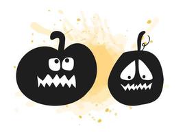 halloween 2022 - 31 oktober. een traditionele feestdag. snoep of je leven. vectorillustratie in handgetekende doodle stijl. set silhouetten van pompoenen met gebeeldhouwde gezichten met een oranje aquarelvlek. vector