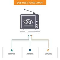 advertentie. uitzending. marketing. televisie. TV bedrijf stromen tabel ontwerp met 3 stappen. glyph icoon voor presentatie achtergrond sjabloon plaats voor tekst. vector