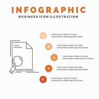 analyse. document. het dossier. vind. bladzijde infographics sjabloon voor website en presentatie. lijn grijs icoon met oranje infographic stijl vector illustratie