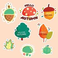 reeks van herfst stickers, pompoenen, eikels, champignons met herfst bladeren vector