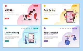 online daten, virtueel relatie, dating toepassing en sociaal media met romantisch paar illustratie web bladzijde ontwerp sjabloon. illustratie voor website en mobiel website ontwikkeling vector