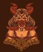 illustratie demon meisje met schedel antiek gravure stijl perfect voor t-shirt, capuchon, jasje, poster vector
