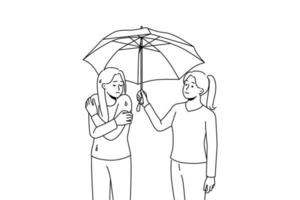 gelukkig zorgzaam vrouw helpen ongelukkig nat vriend delen paraplu. glimlachen attent vrouw tonen ondersteuning naar van streek meisje Aan regen Aan straat. vector illustratie.