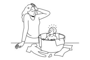 benadrukt jong vrouw voelen moe met moederschap en klein kind. ongelukkig gefrustreerd moeder uitgeput met kleuter en ouderschap. vector illustratie.