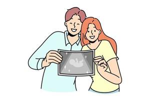 gelukkig paar tonen afbeelding van embryo. glimlachen Mens en vrouw demonstreren echografie van baby opgewonden met zwangerschap en ouderschap. vector illustratie.