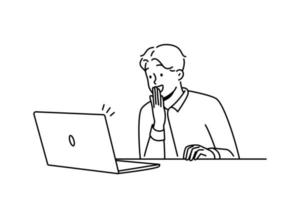 gelukkig mannetje werknemer kijken Bij laptop scherm opgewonden met mooi zo nieuws online. glimlachen zakenman geschokt door aangenaam bericht Aan computer. vector illustratie.
