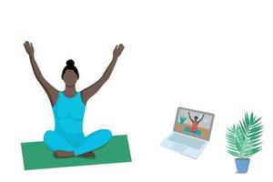 online yoga klassen. een met een donkere huid meisje horloges een online yoga les Aan een laptop en treinen Bij huis. gezichtsloos illustratie, concept. isoleren Aan wit vector