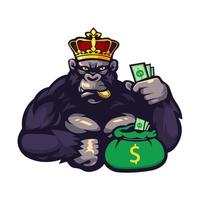 koning gorilla Holding geld mascotte logo ontwerp illustratie vector met transparant achtergrond