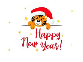 schattig tijger in een nieuw jaar rood hoed met een POM Pom. gelukkig nieuw jaar belettering. vector