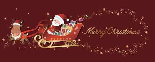 de kerstman claus het rijden een slee vol van cadeaus en vrolijk Kerstmis geschreven door sterren Aan een rood achtergrond vector