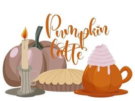 herfst illustratie met pompoen en koffie. de lager horizontaal grens. vector, geïsoleerd Aan een wit achtergrond. vector illustratie