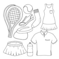 tennis hand- getrokken set, tekening vector illustratie. tennis pictogrammen racket, bal, jurk, schoenen, polo.