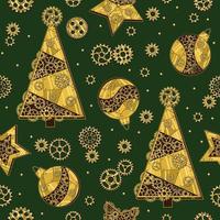 patroon met versnellingen en Kerstmis boom, Kerstmis ballen gemaakt van glimmend messing, goud metaal platen, versnellingen, tandwielen, klinknagels in steampunk stijl Aan groente. Kerstmis achtergrond. vector