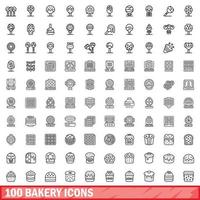 100 bakkerij iconen set, Kaderstijl vector