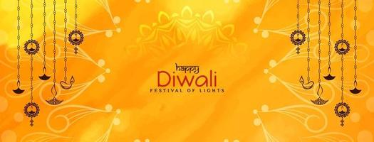 gelukkig diwali festival geel banier met hangende lampen ontwerp vector
