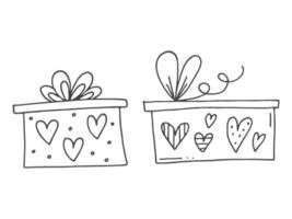 reeks van schattig hand getekend tekening elementen over liefde. bericht stickers voor apps. pictogrammen voor valentijnsdag dag, romantisch evenementen en bruiloft. geschenk dozen met ornamenten, linten, bogen en harten. vector