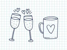 reeks van schattig hand getekend tekening elementen over liefde. bericht stickers voor apps. pictogrammen voor valentijnsdag dag, romantisch evenementen en bruiloft. geruit notebook. cups met liefde drinken en harten en Champagne. vector