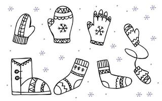 een reeks van hand getekend winter kleding. vector illustratie in tekening stijl. winter humeur. Hallo 2023. vrolijk Kerstmis en gelukkig nieuw jaar. zwart en paars laars, sokken en wanten Aan een wit achtergrond.