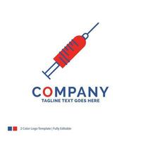 bedrijf naam logo ontwerp voor spuit. injectie. vaccin. naald. schot. blauw en rood merk naam ontwerp met plaats voor slogan. abstract creatief logo sjabloon voor klein en groot bedrijf. vector