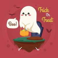 halloween achtergrond met schattig geest vliegend over- begraafplaats vector