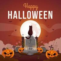 gelukkig halloween achtergrond met eng pompoenen en kat zittend Aan grafsteen vector