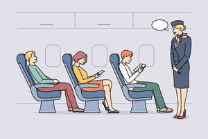 stewardess pratend met passagiers Aan vlak. vliegtuig personeel portie mensen aan boord van vliegtuigen. luchtvaart onderhoud. vector illustratie.