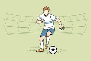 professioneel Amerikaans voetbal speler met bal Aan veld. jong Mens verloofd in spel. sportman opleiding buitenshuis. vector illustratie.