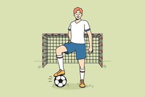 glimlachen doelman in uniform staand Aan veld. gelukkig Mens speler met bal spelen Amerikaans voetbal buitenshuis. sport en hobby. vector illustratie.