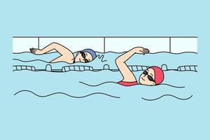 mensen zwemmen in binnenshuis zwembad. sporters in uitrusting opleiding voor wedstrijd. fysiek werkzaamheid en sport concept. vector illustratie.
