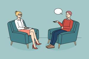 Mens pratend met vrouw psycholoog Aan sessie. mannetje geduldig zitten in stoel hebben psychotherapie sessie met raadgever. mentaal Gezondheid probleem concept. vector illustratie.