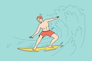 Mens Aan surfboard genieten van zomer activiteiten Aan vakantie. mannetje surfer glijden Aan oceaan golven Aan vakantie. surfing en enige tijd sport. vector illustratie.