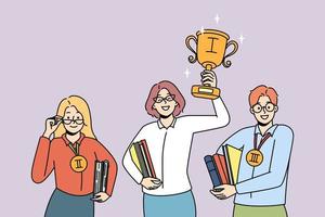glimlachen gemotiveerd vrouw Holding gouden trofee winnen eerste plaats. gelukkig knap mensen winnaars in wedstrijd. onderwijs en succes, persoonlijk prestatie. vector illustratie.