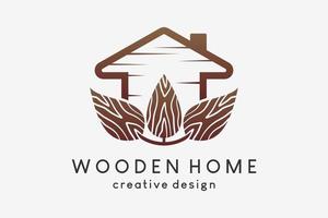 een houten huis logo ontwerp gecombineerd met een blad icoon in een creatief hout motief concept vector